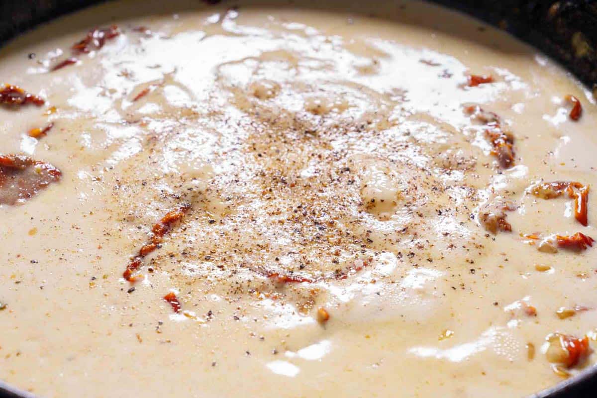 Half-and-half is added to the recipe in the same skillet to create a sauce.