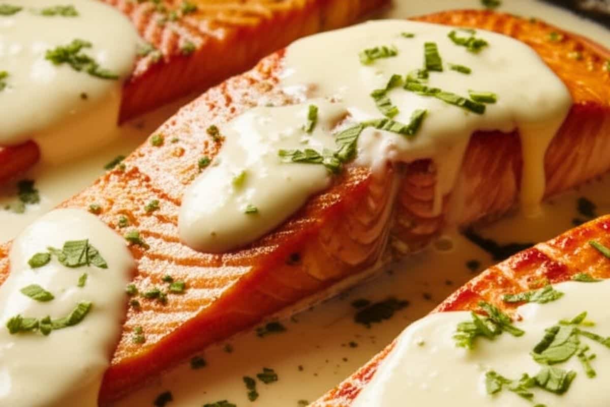 Add the salmon back to the skillet and spoon the sauce over the fillets. Add a squeeze of lemon juice and chopped parsley.