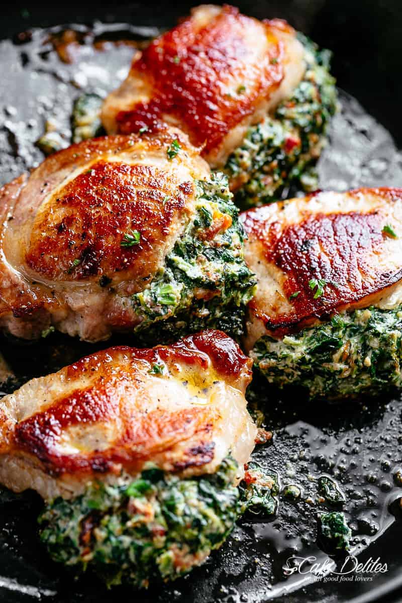 Creamed Spinach Stuffed Pork Chops - Cravings Happen