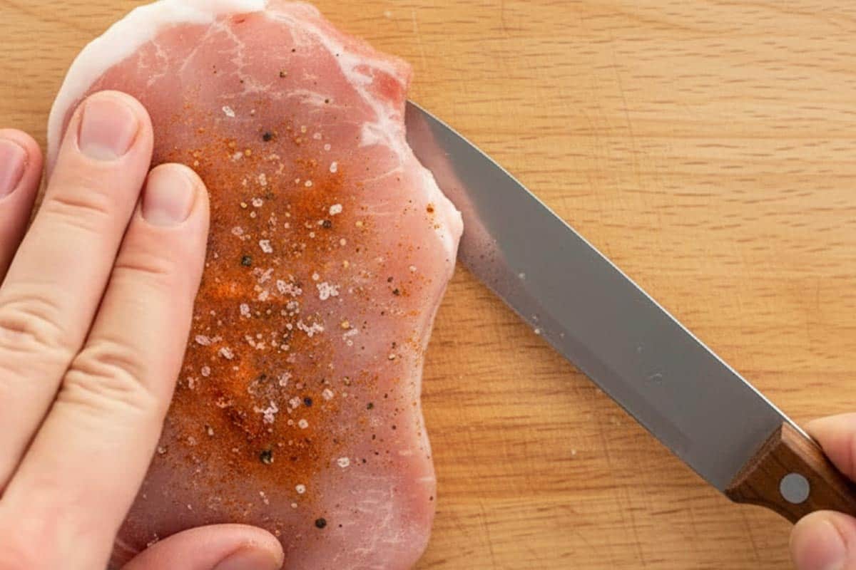 Slicing the side of the pork chop to create a pocket.