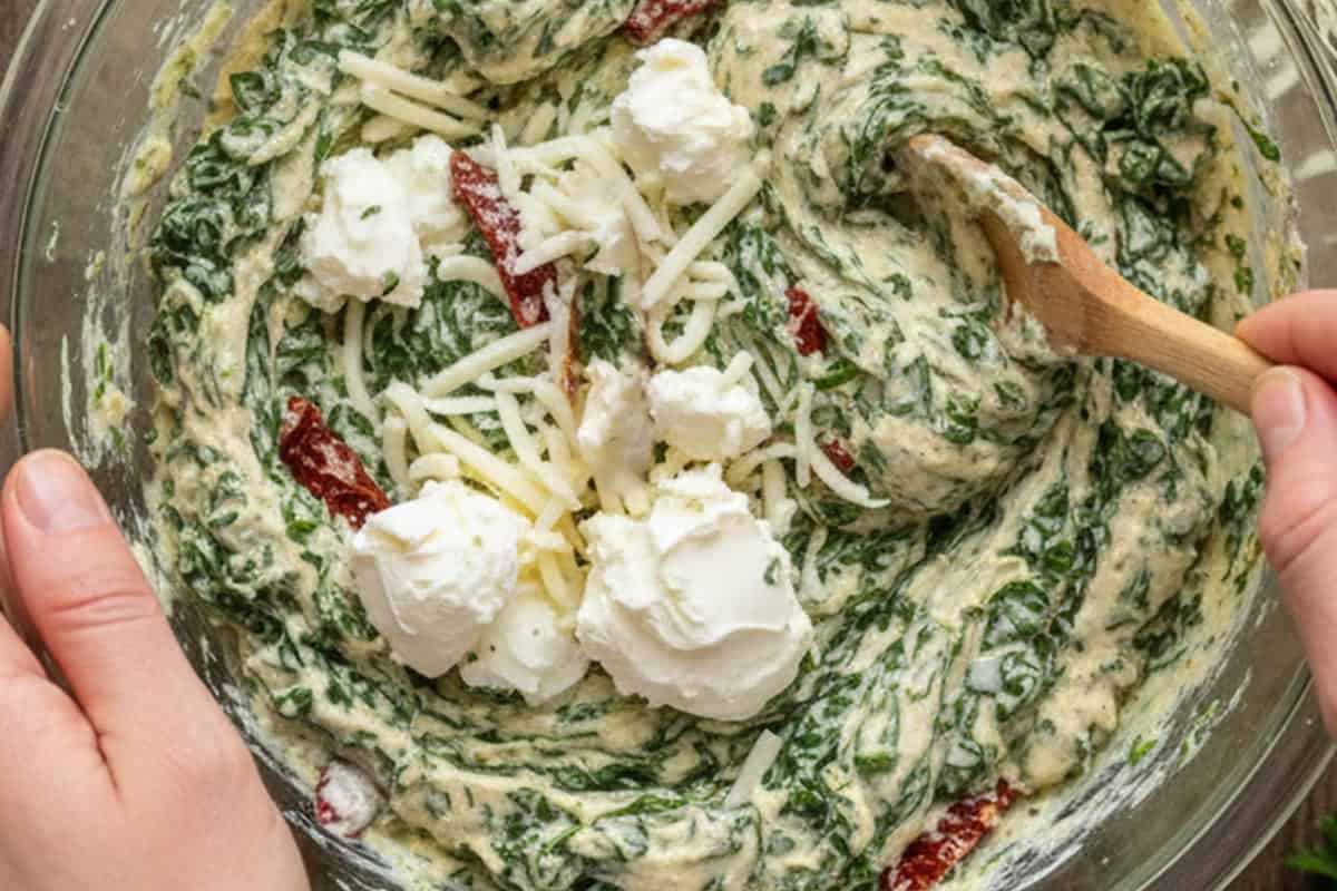 Mixing spinach, cream cheese, sun-dried tomatoes, mozzarella, parmesan, herbs, and garlic in a bowl.