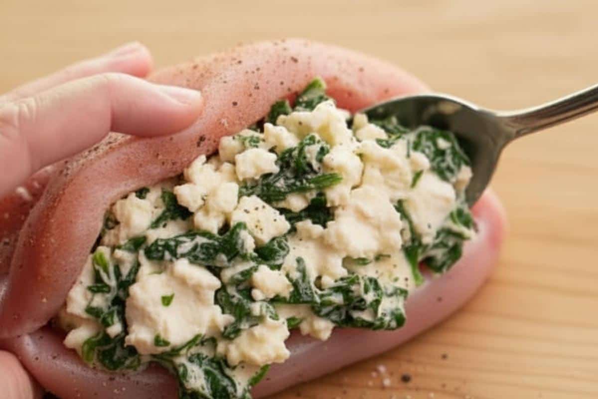 Inserting the spinach mixture into the pocket of the pork chop.