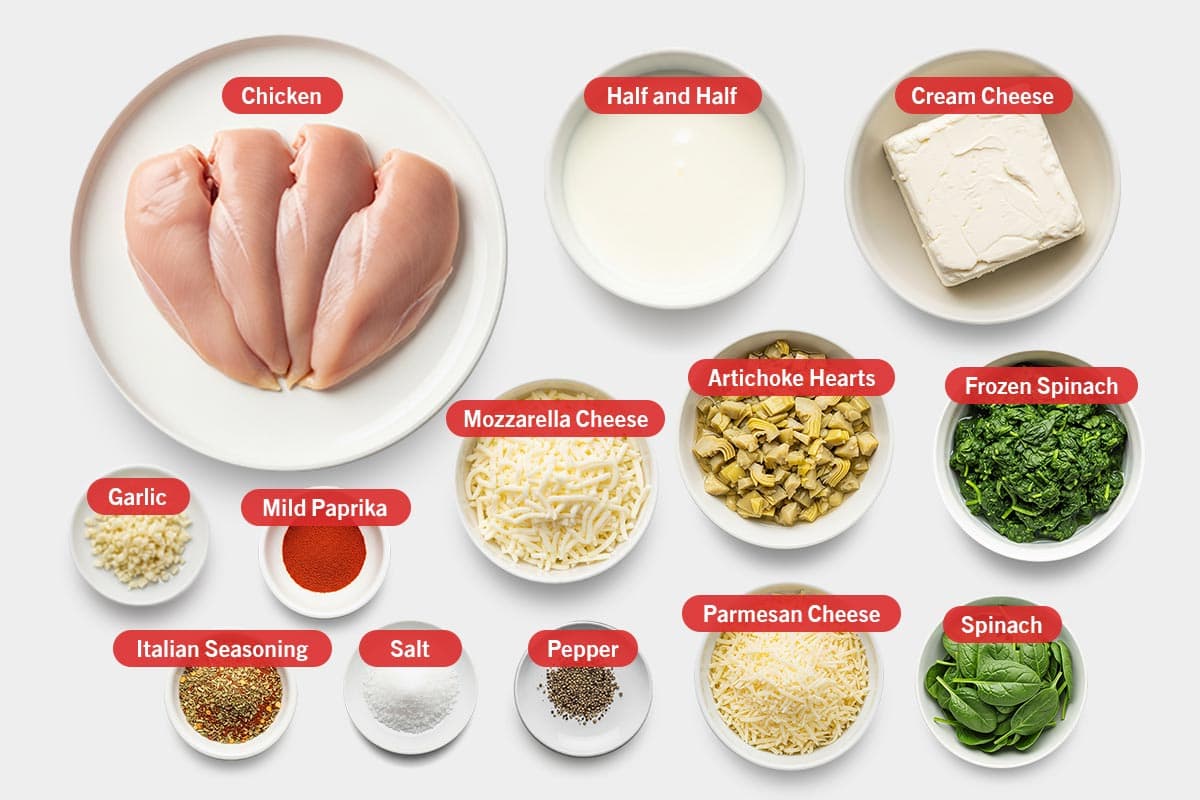 Top shot of ingredients: chicken, half and half, cream cheese, garlic, mild paprika, mozzarella cheese, artichoke hearts, frozen spinach, italian seasoning, salt, pepper, parmesan cheese, and spinach.