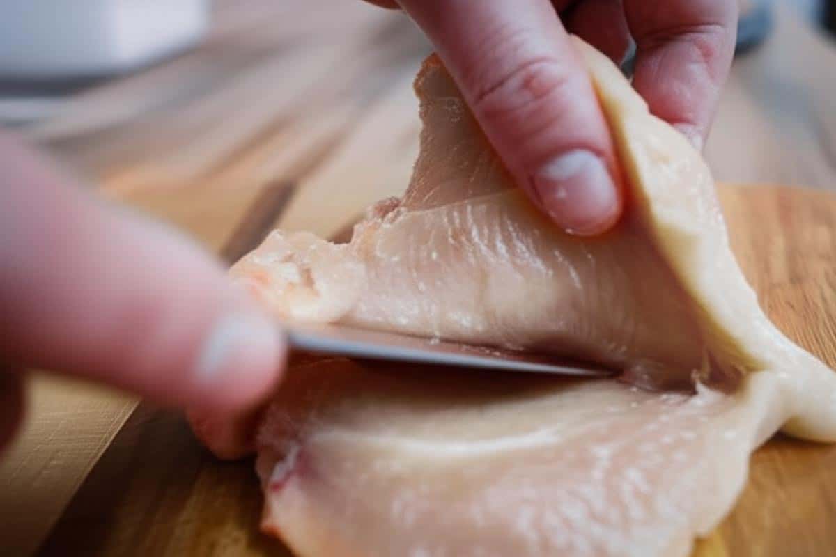Carefully cutting a pocket into the chicken breast.
