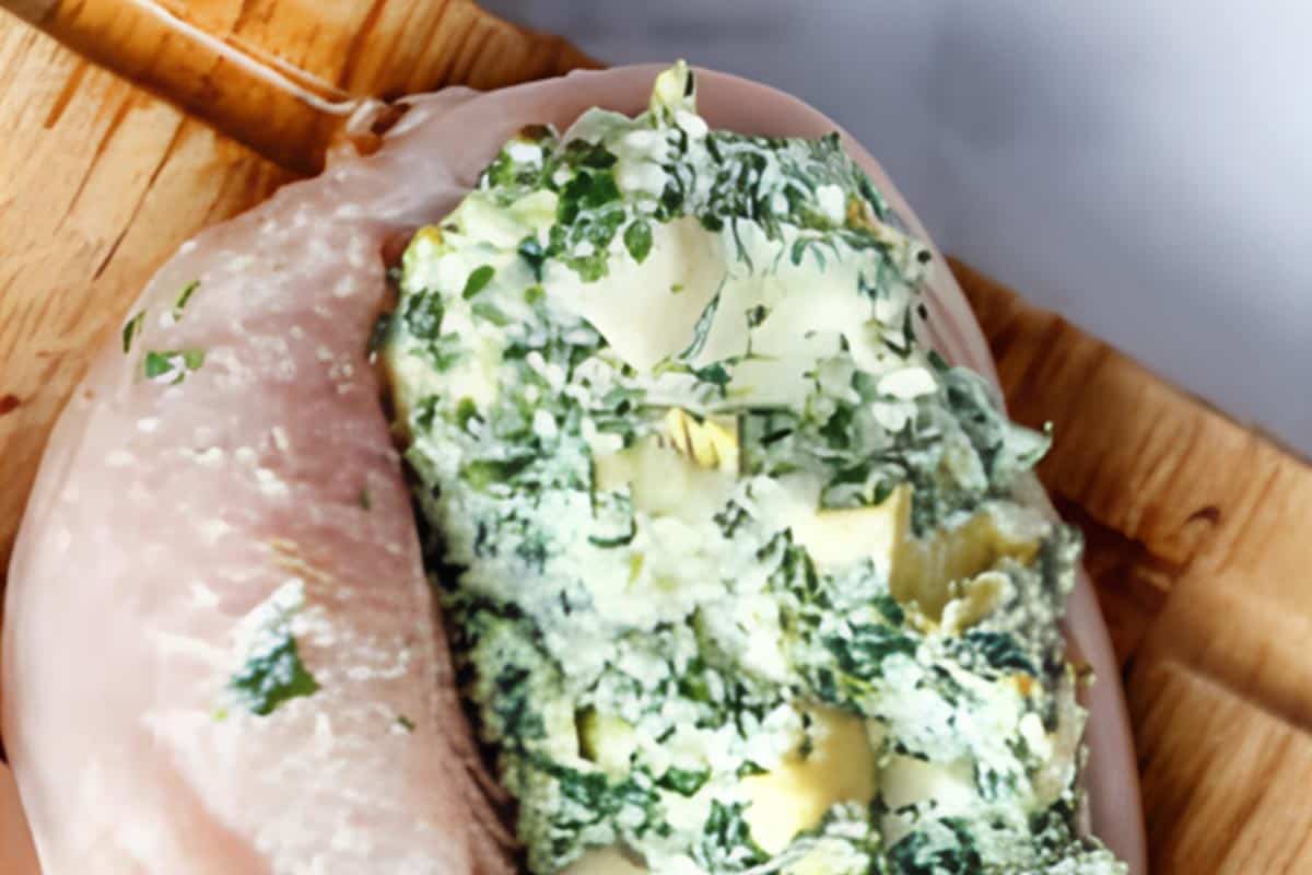 Spinach artichoke filling in the chicken.