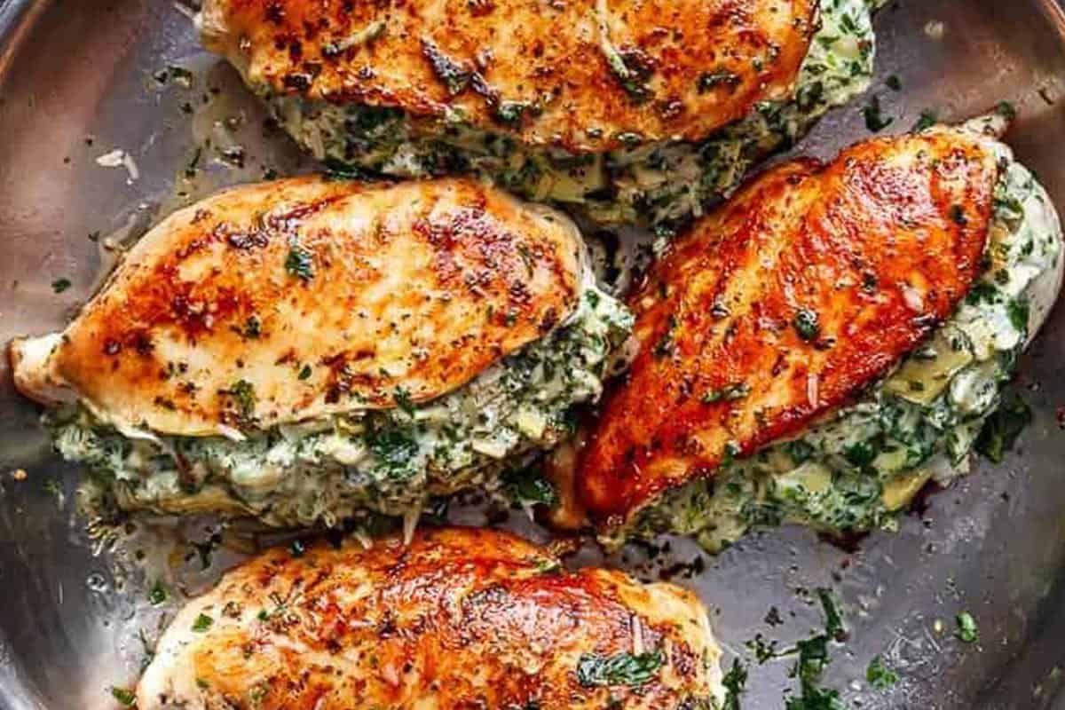 Close-up shot of Spinach Artichoke Stuffed Chicken Breast.