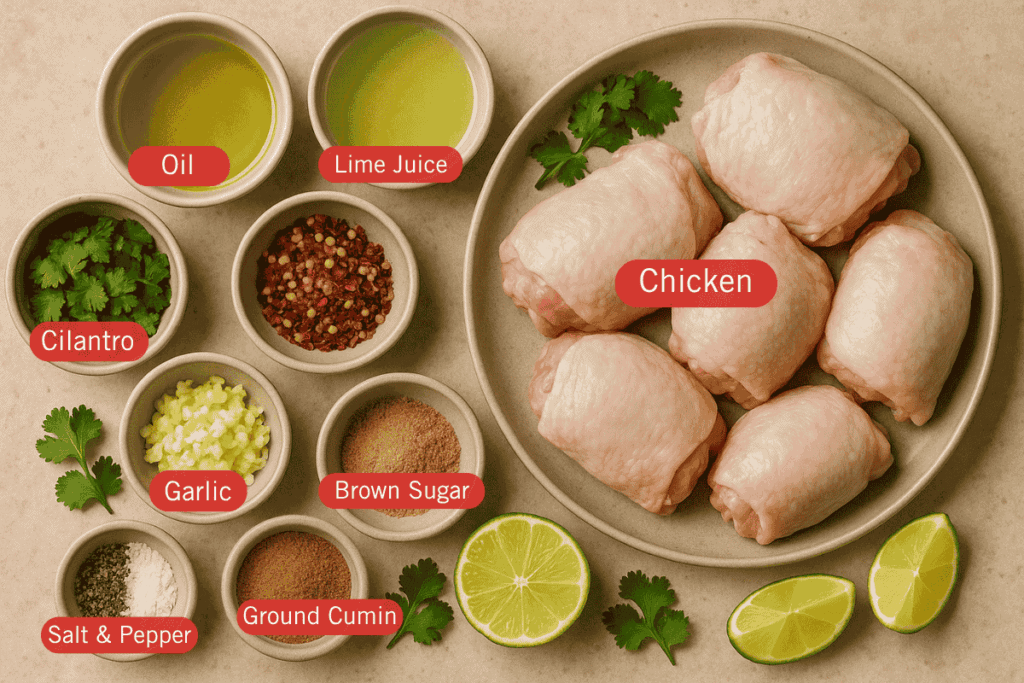 Flatlay photo of labeled ingredients for Cilantro Lime Chicken. Includes raw chicken thighs on a plate, surrounded by small bowls of olive oil, lime juice, chopped cilantro, minced garlic, brown sugar, ground cumin, salt and pepper, and red chili flakes.