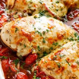 Top view shot of Balsamic Baked Chicken Breast With Mozzarella Cheese