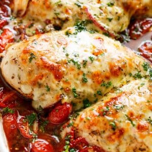 Top view shot of Balsamic Baked Chicken Breast With Mozzarella Cheese