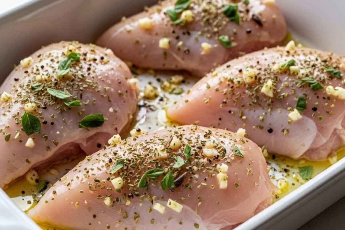 Place the chicken in the baking dish and drizzle with oil. Sprinkle with oregano, basil, salt, pepper and minced garlic