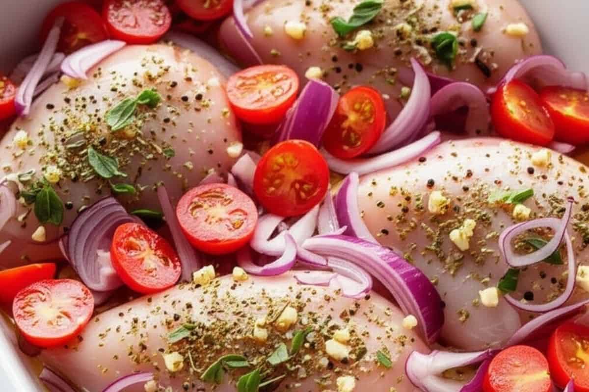 scatter the halved grapes tomatoes and sliced red onion around the chicken