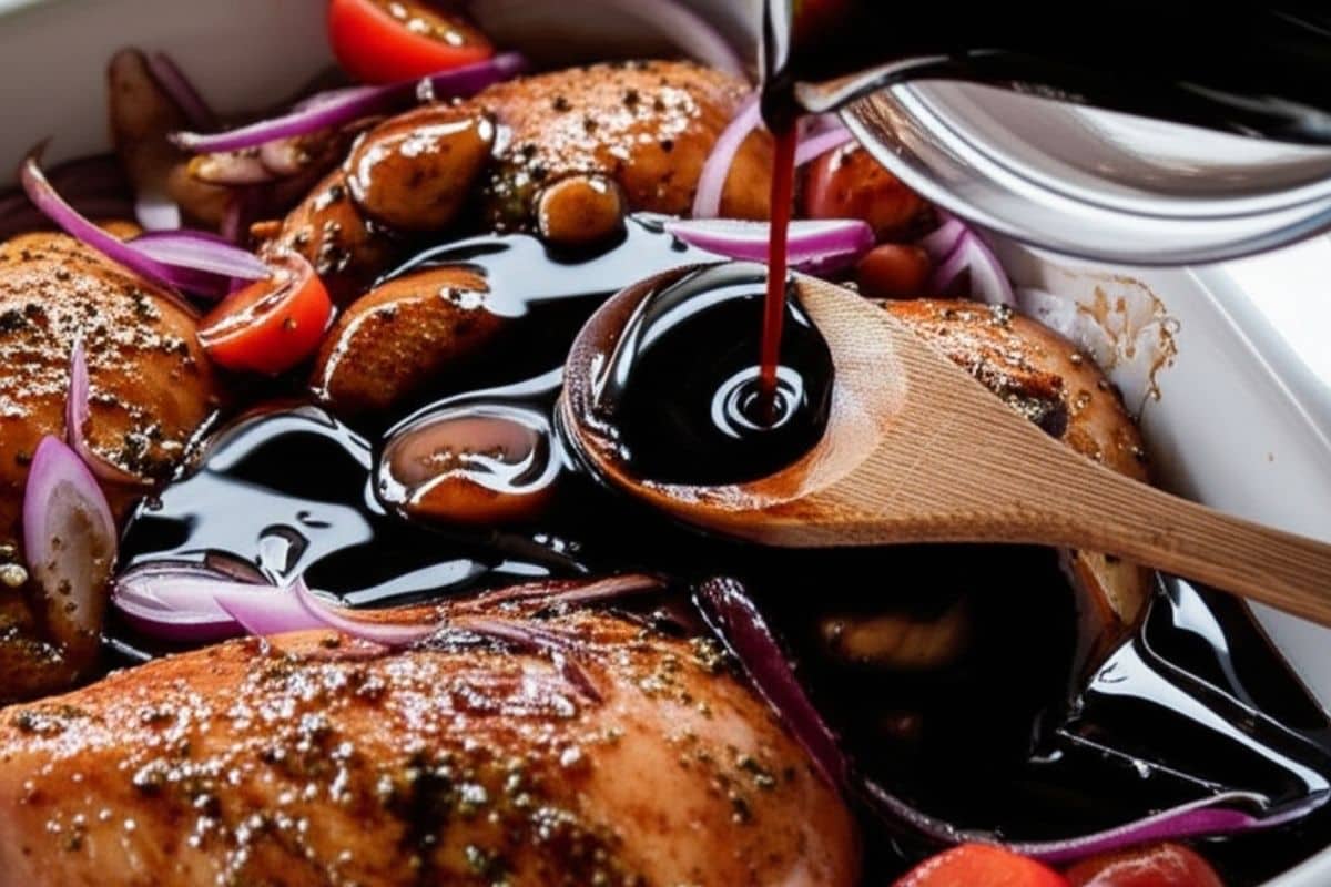 In a bowl, whisk together balsamic vinegar, brown sugar and the remaining garlic. Pour the mixture over the chicken