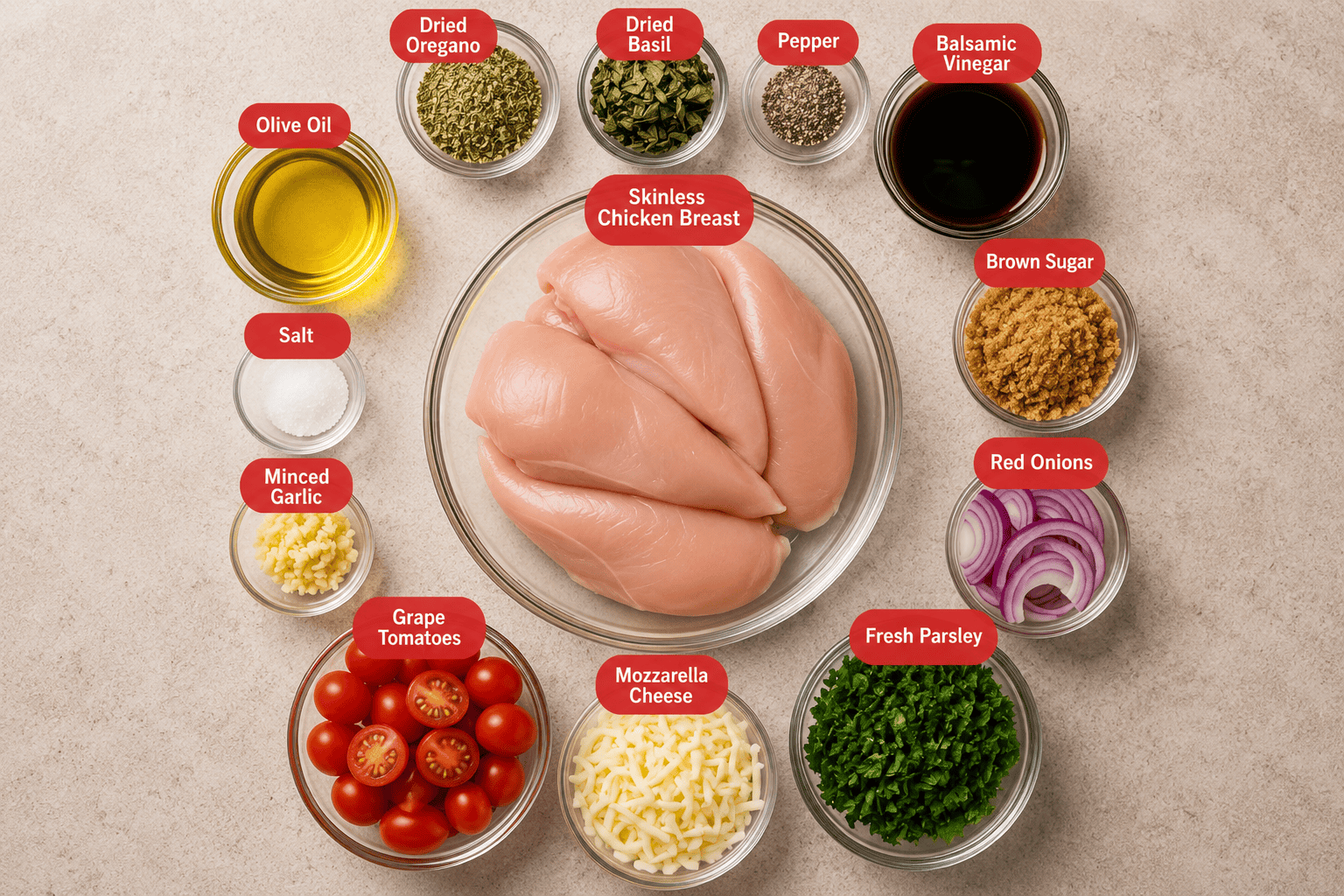 Flat lay photo of the ingredients for Balsamic Chicken that contains, dried oregano, dried basil, pepper, balsamic vinegar, brown sugar, sliced red onions, fresh parsley, mozzarella cheese, grape tomatoes, minced garlic, salt, olive oil