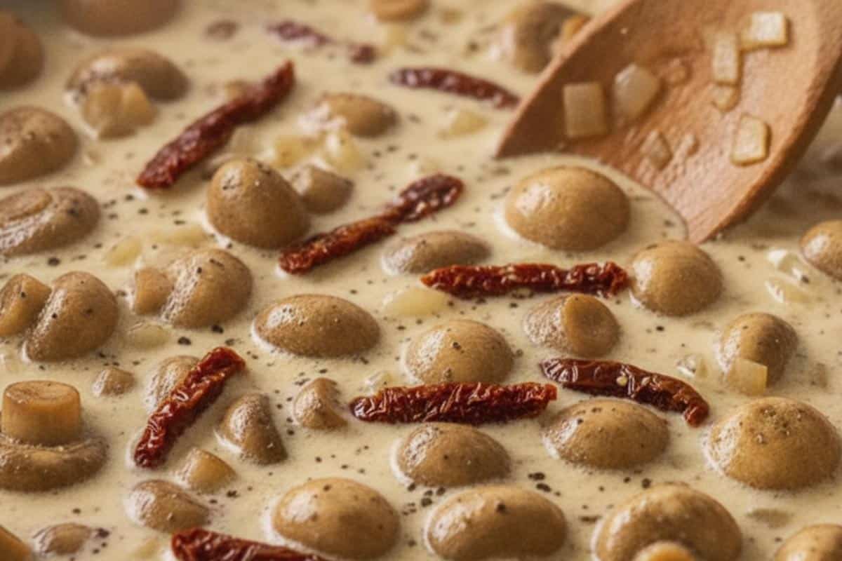 Stirring gently the mushroom with sun-dried tomatoes and cream using a wooden spoon.