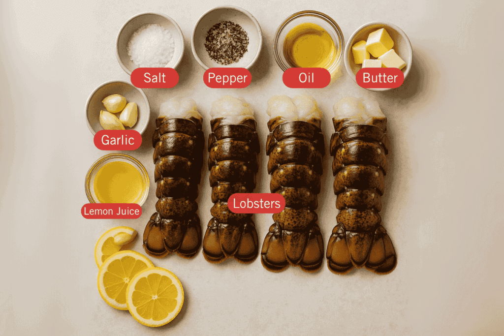 Flatlay image of raw lobster tail ingredients arranged in bowls, each labeled. Centered are four lobster tails. Above them are bowls labeled Salt, Pepper, Oil, and Butter. To the left are bowls labeled Garlic and Lemon Juice. At the bottom left are fresh lemon slices.