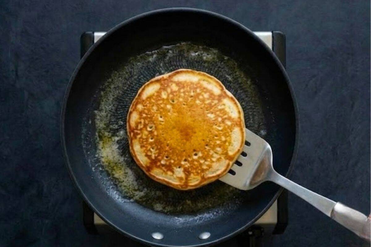 Pour about 1/3 cup of batter onto pan and spread into a round. Cook until bubbles appear and the underside is golden