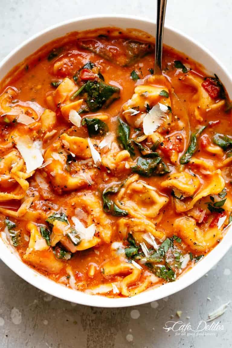Creamy Tomato Tortellini Soup with Spinach - Cafe Delites