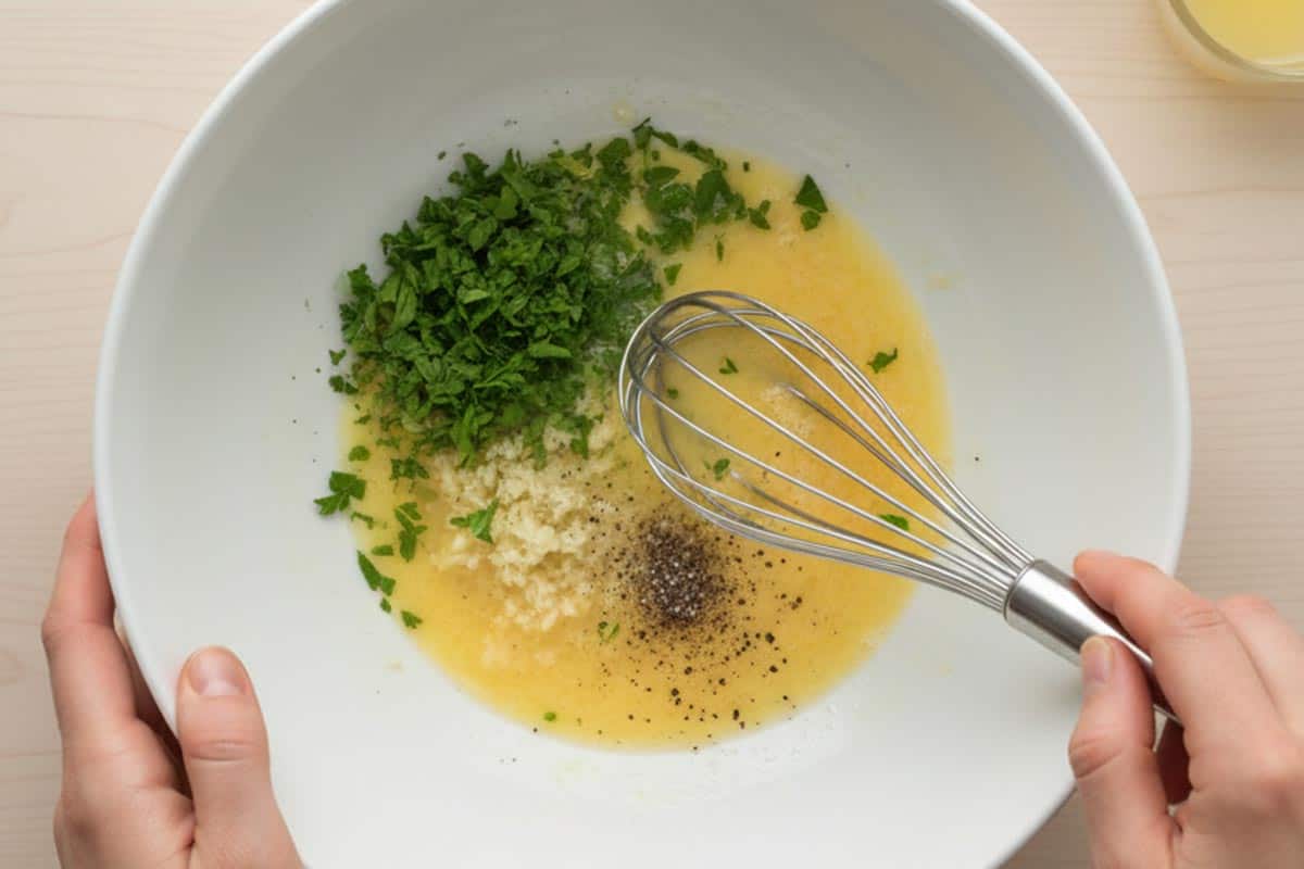 Whisked egg, lemon juice, minced garlic, parsley, salt, and pepper in a large bowl.