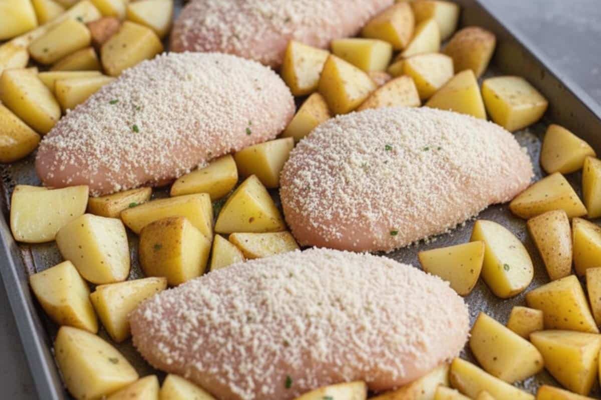 Arranged the breaded chicken onto the baking sheet, and scattered the potatoes around.