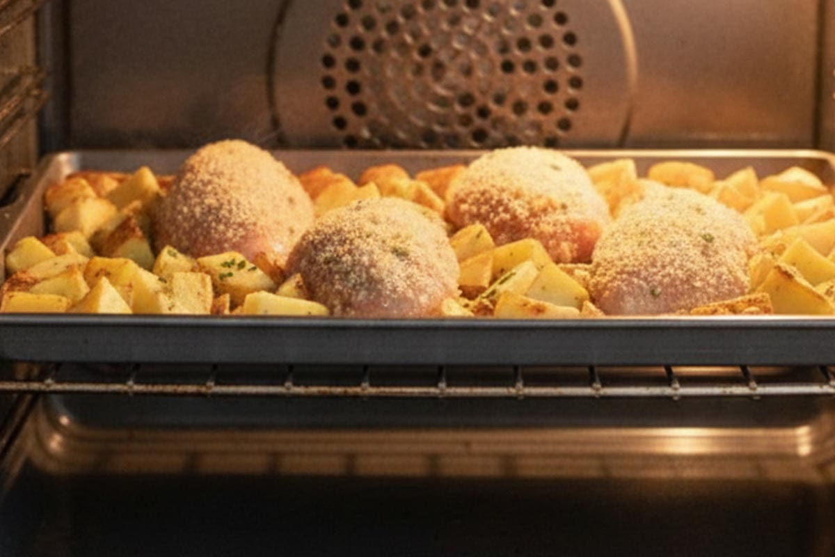 Baking the chicken with potatoes in a tray.