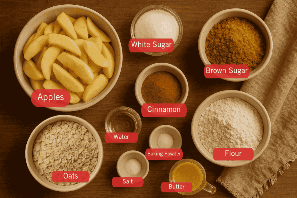 a photo of the ingredients of easy apple crumble: apples, white sugar. brown sugar, cinnamon, water, oats, salt, baking powder, butter, and flour