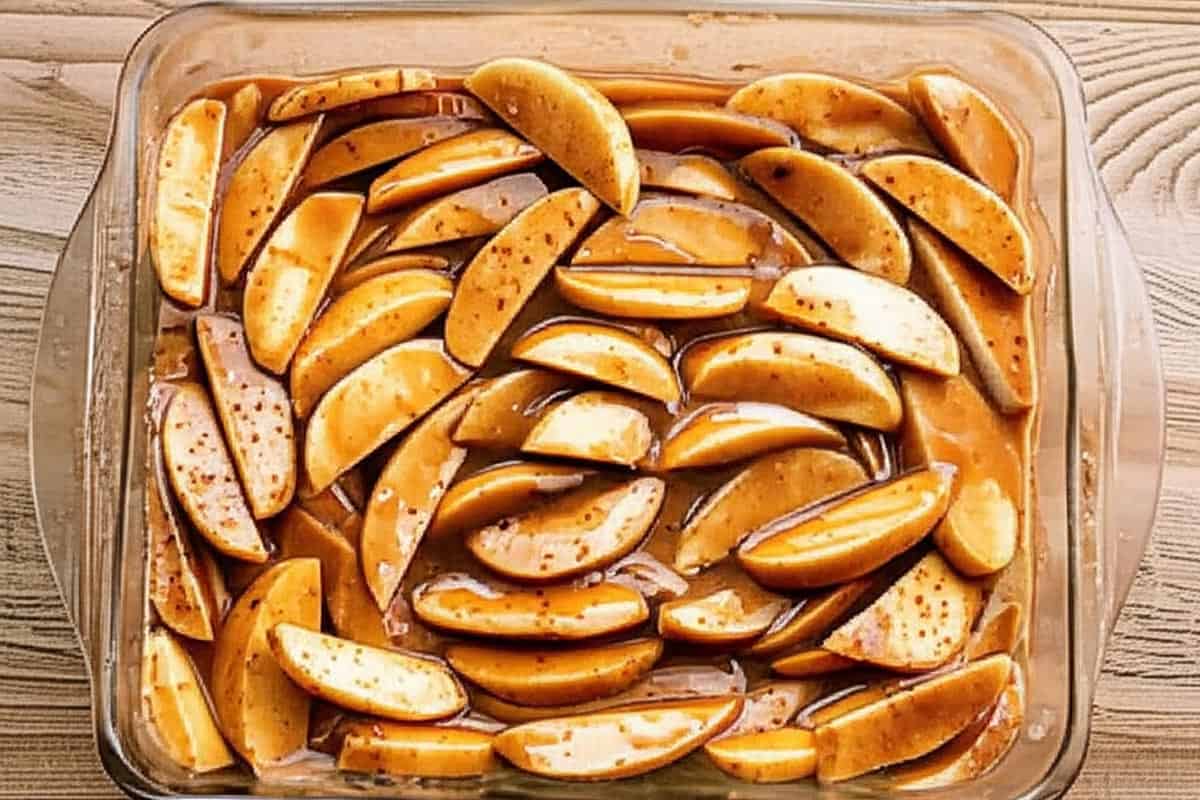 Sliced apples mixed with sugars, flour, cinnamon, and water in a baking dish.