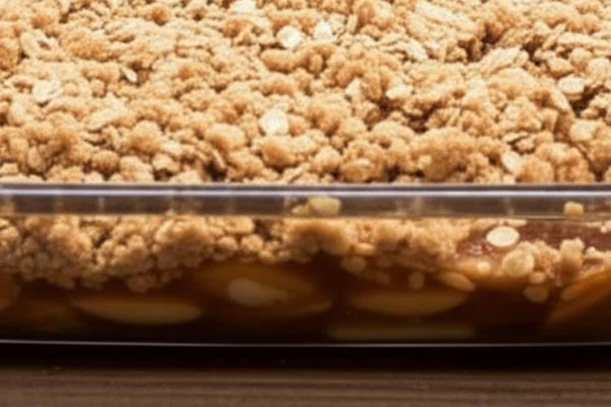 Oat crumble sprinkled evenly over the apples.