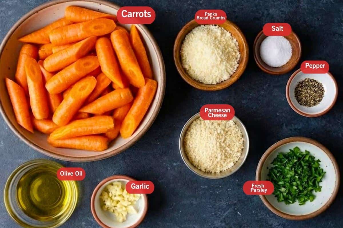 Flat lay photo of ingredient shot of carrots, olive oil, panko bread crumbs, salt, pepper, fresh parsley, parmesan cheese, garlic,  - 2