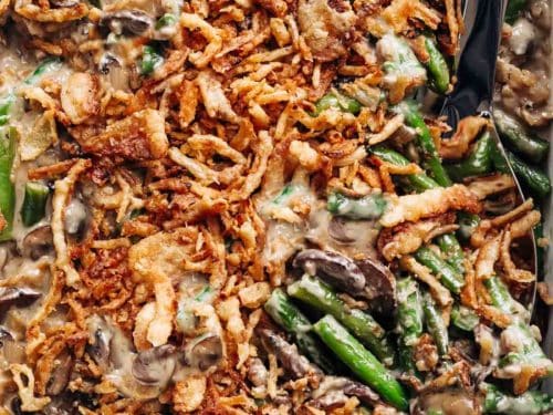 Green Bean Casserole with homemade cream of mushroom soup and French fried onions!
