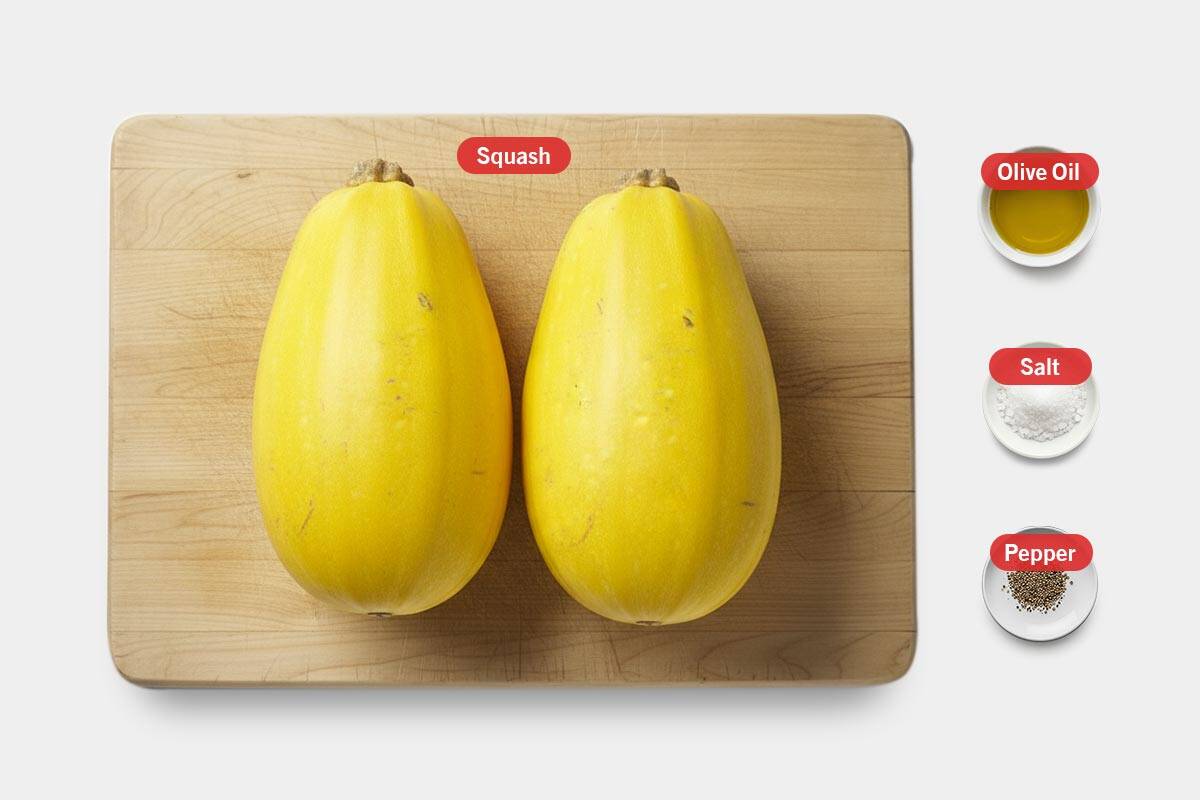 Top shot of ingredients: Squash, olive oil, salt, and pepper.
