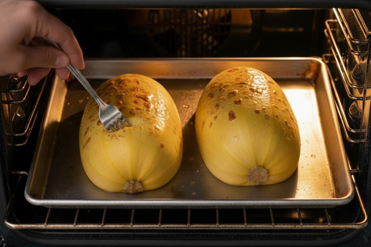 Checking the doneness of the squash by piercing the skin and flesh with a fork.