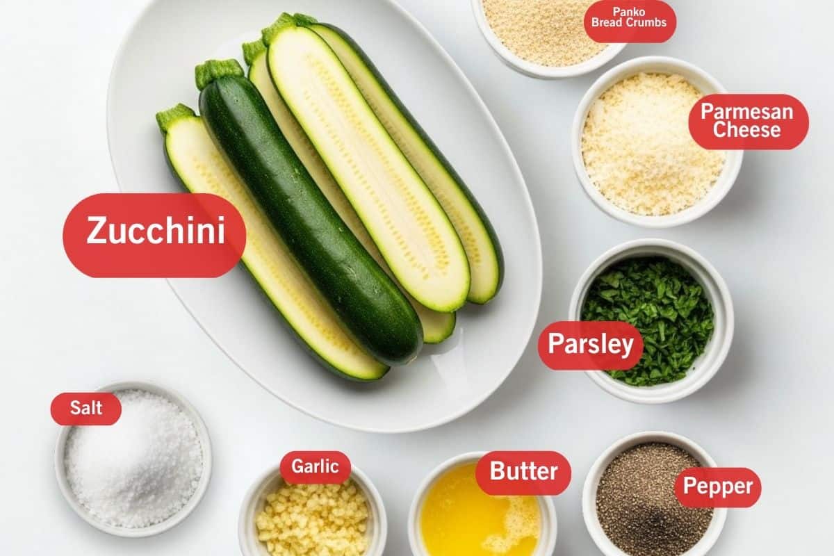 Flat lay photo of ingredient shot of zucchini, Panko bread crumbs, parmesan cheese, parsley, pepper, butter, garlic, salt