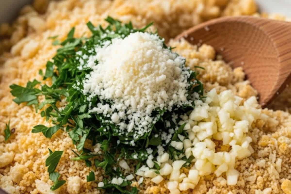 In a bowl, combine panko breadcrumbs, parmesan, parsley, and garlic until evenly mixed