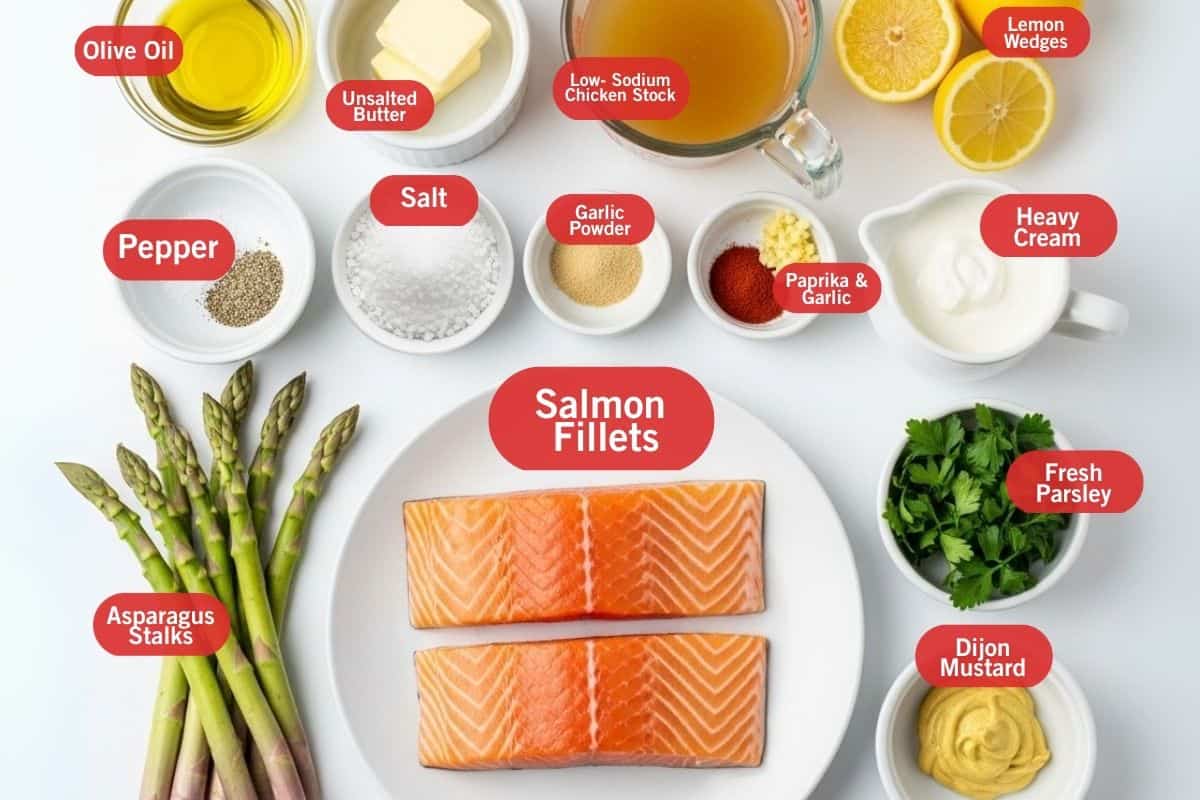Flat lay photo of ingredient shot of olive oil, unsalted butter, low sodium chicken stock, lemon wedges, pepper, salt, garlic powder, paprika and garlic, heavy cream, asparagus stalks, salmon fillets, fresh parsley, dijon mustard