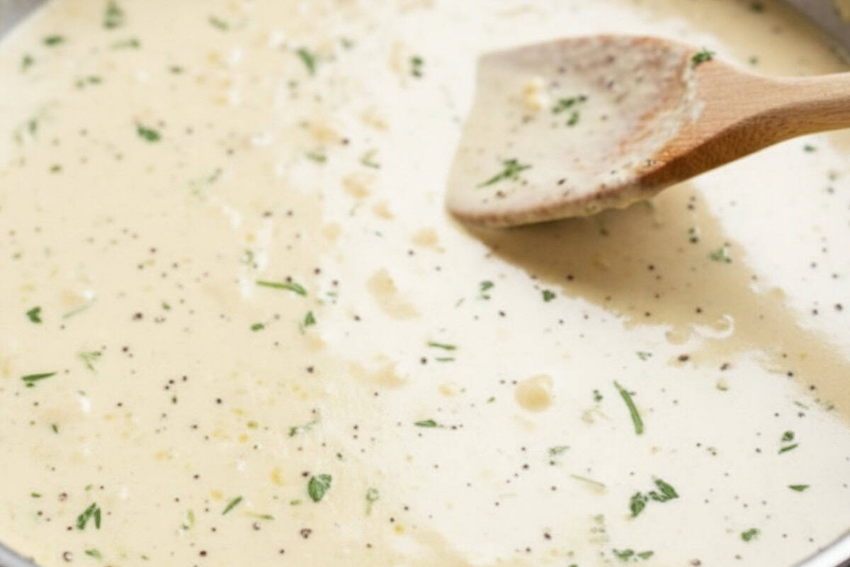 Lower heat slightly, then whisk in Dijon mustard, cream, and parsley until smooth and combined.