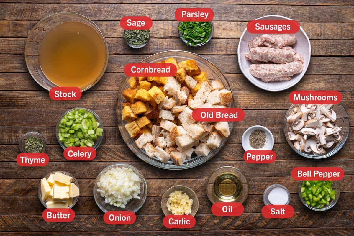Top down shot of ingredients against a woodgrain board
