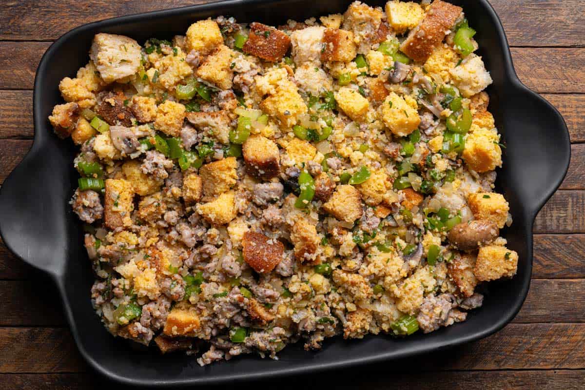 cornbread dressing poured into a baking dish