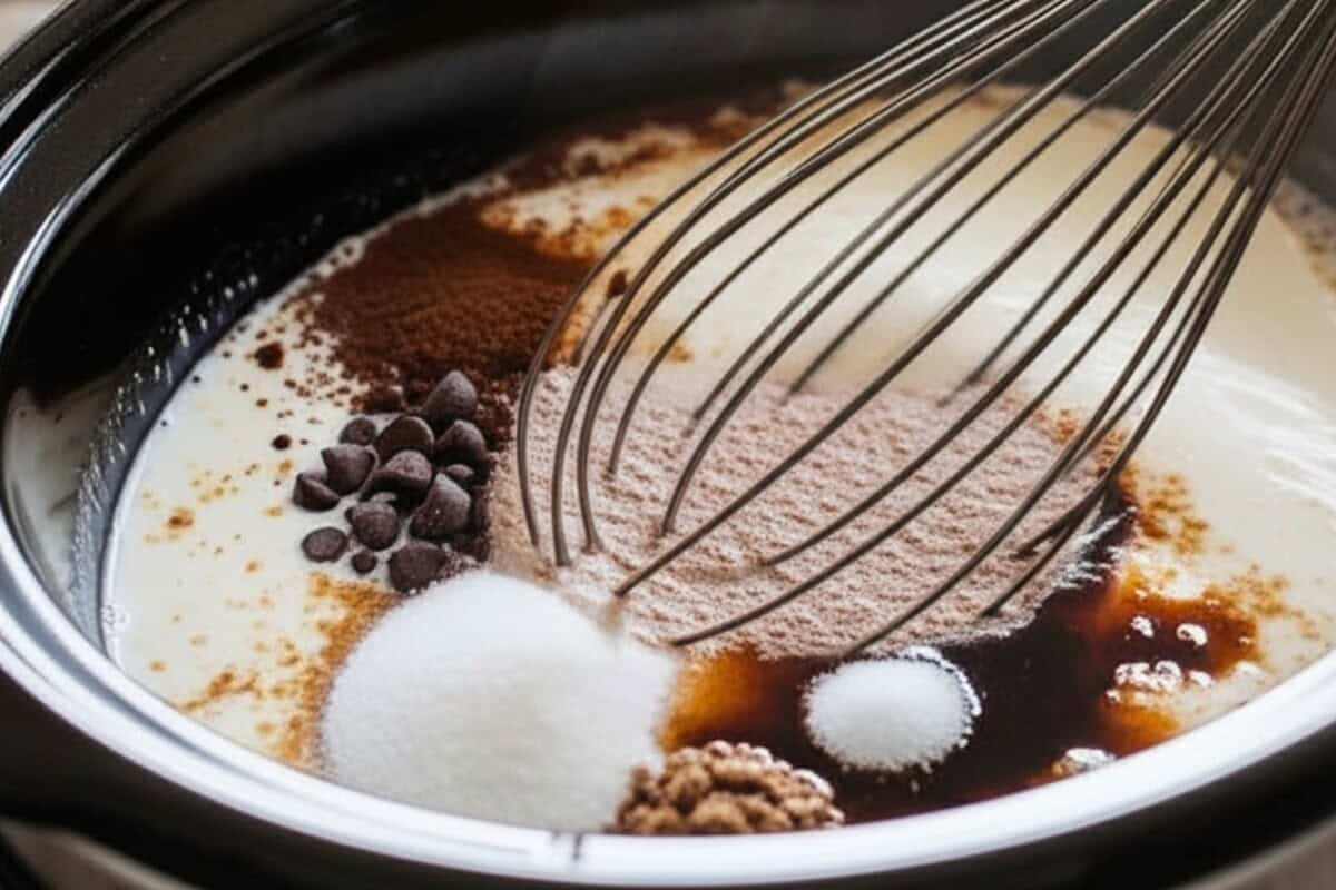 Combine ingredients in slow cooker, including milk, evaporated milk, chocolate chips, cocoa powder, sugar, salt, and vanilla