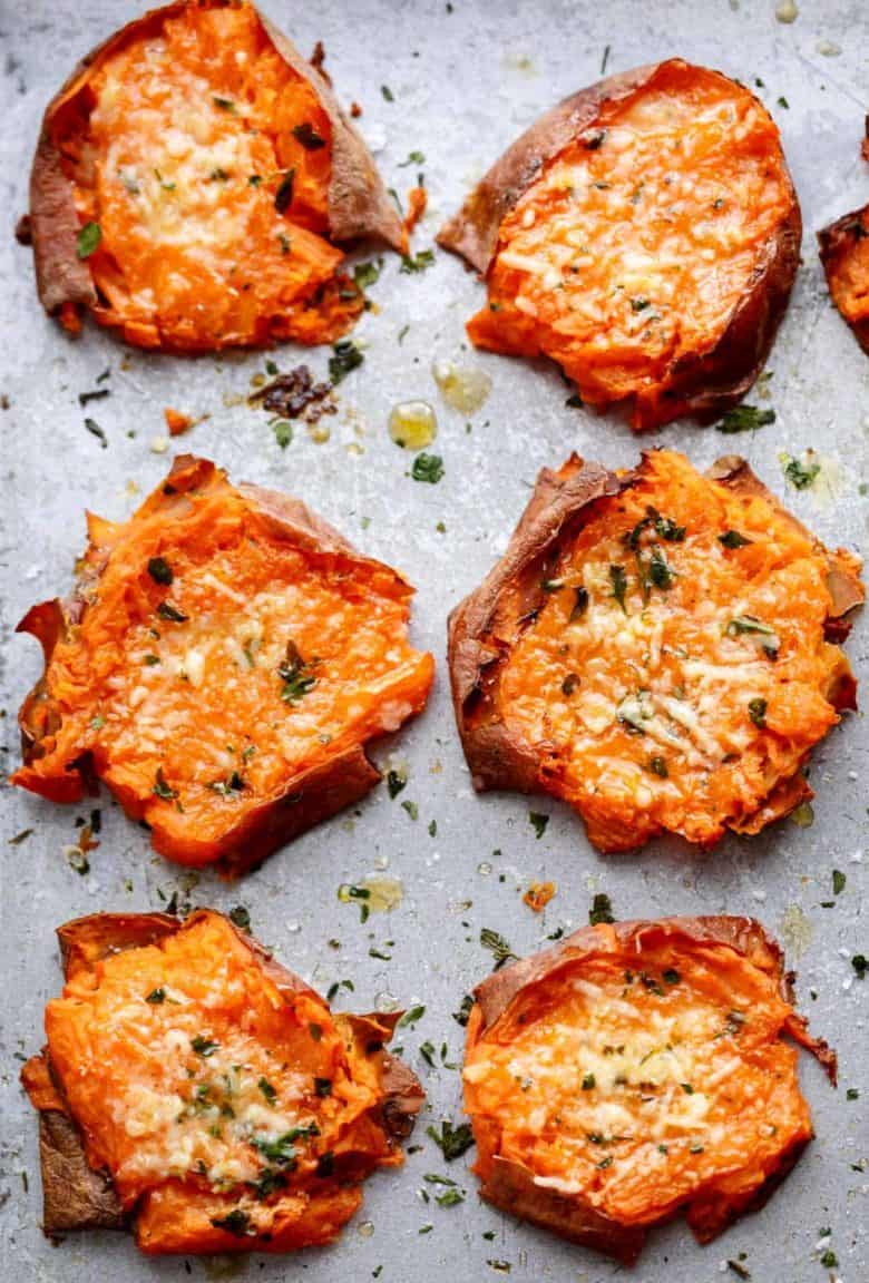 Garlic Butter Smashed Sweet Potatoes With Parmesan | http://cafedelites.com