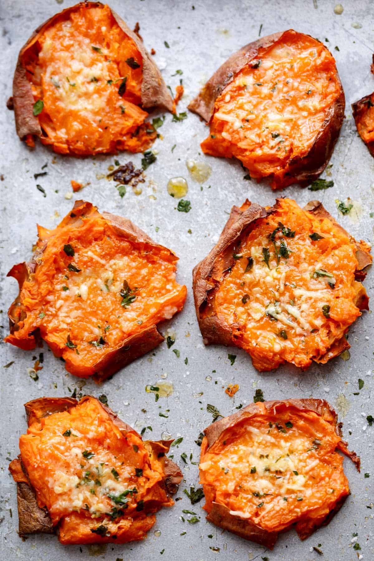 Garlic Butter Smashed Sweet Potatoes With Parmesan - Cafe Delites