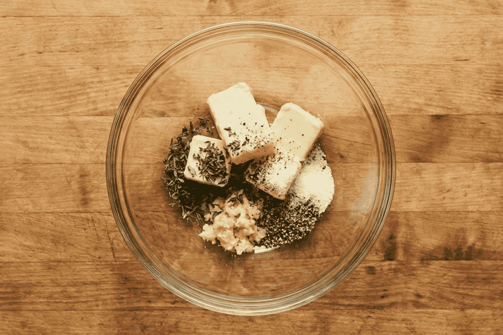 top down photo of a glass bowl on a brown wooden bench with butter cubes and herbs inside.
