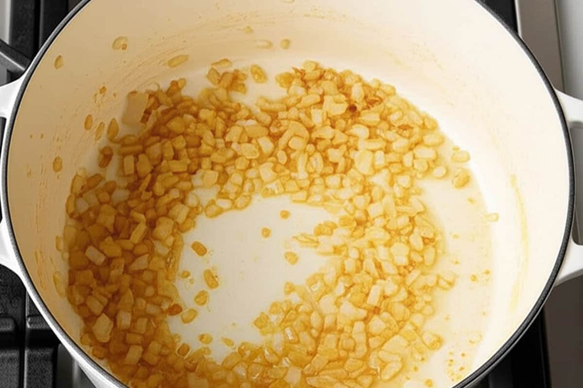 Onion and garlic in a large pot with oil.
