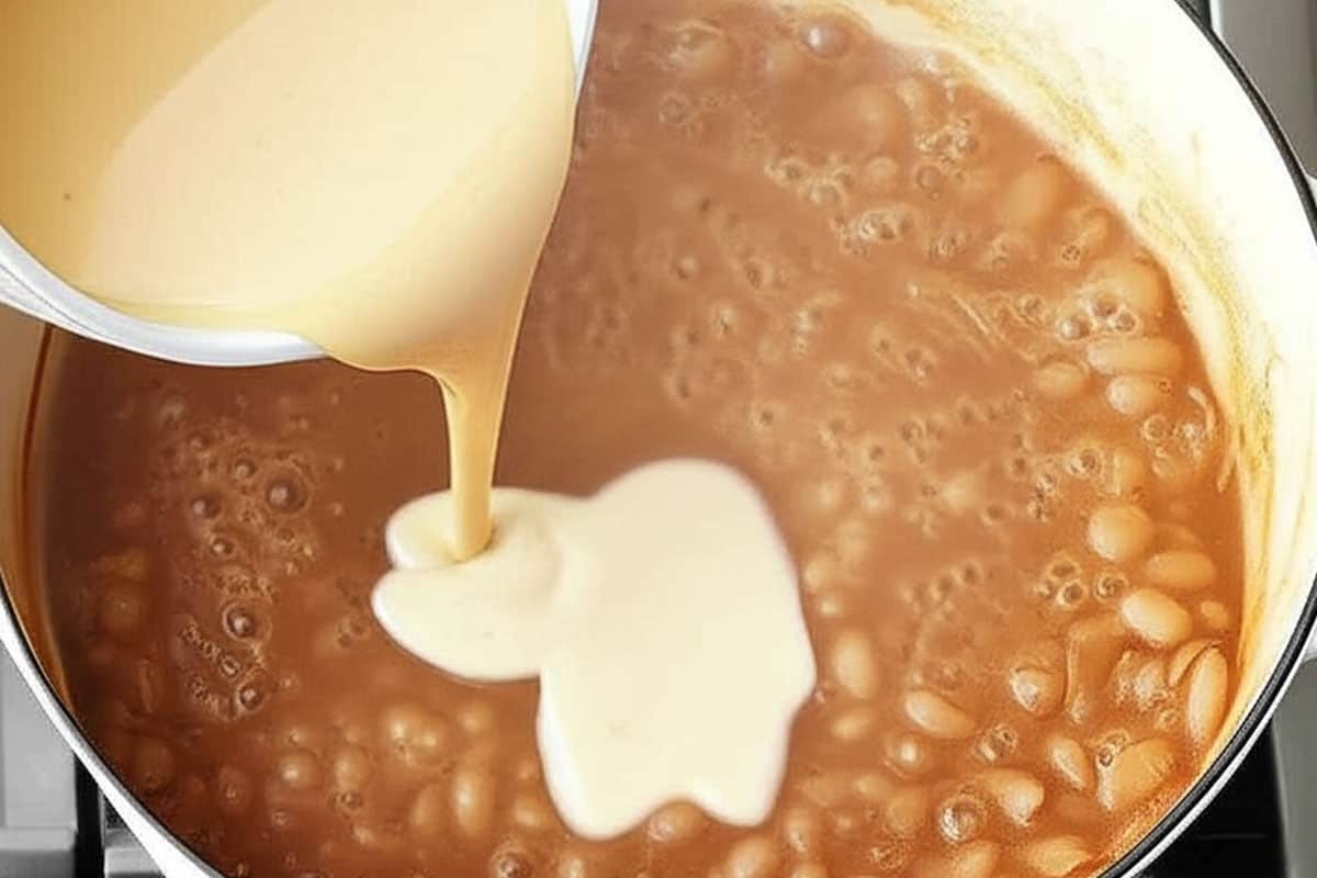 Cornstarch with half and half pouring into the pot.