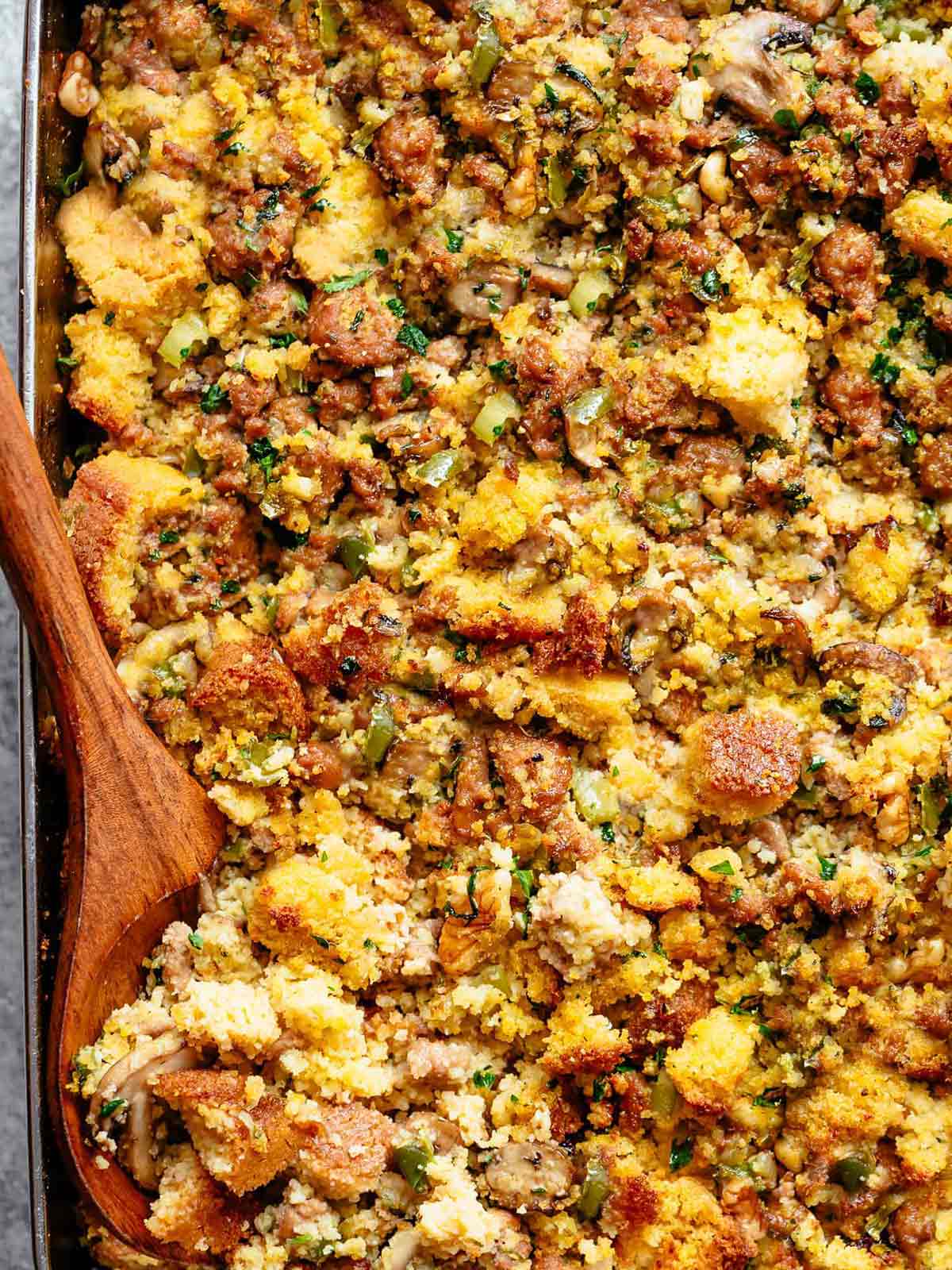 Top view of Cornbread Dressing recipe moist, light and fluffy with a perfect crispy, golden crust.