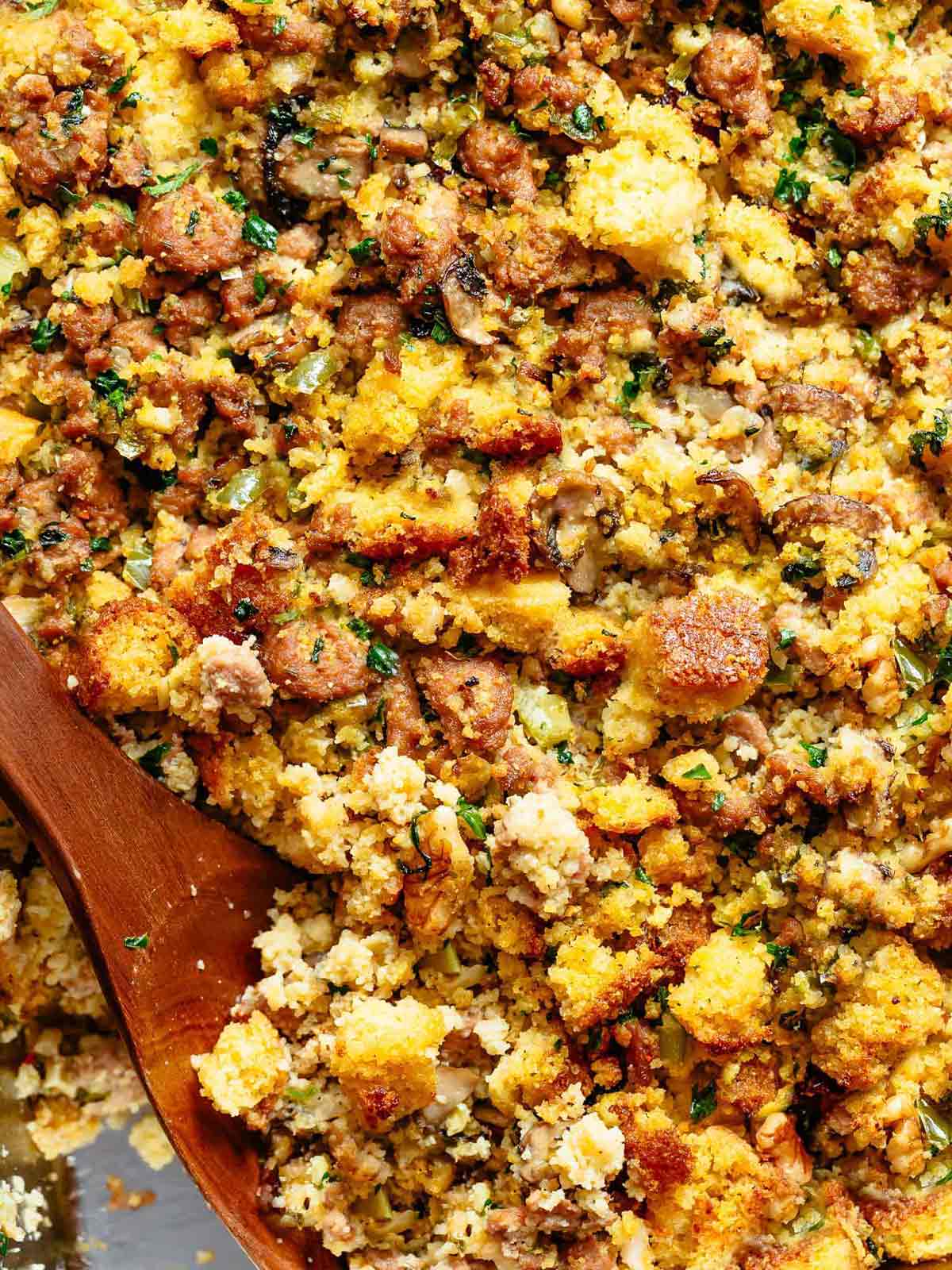 Cornbread Dressing Recipe with wooden spoon