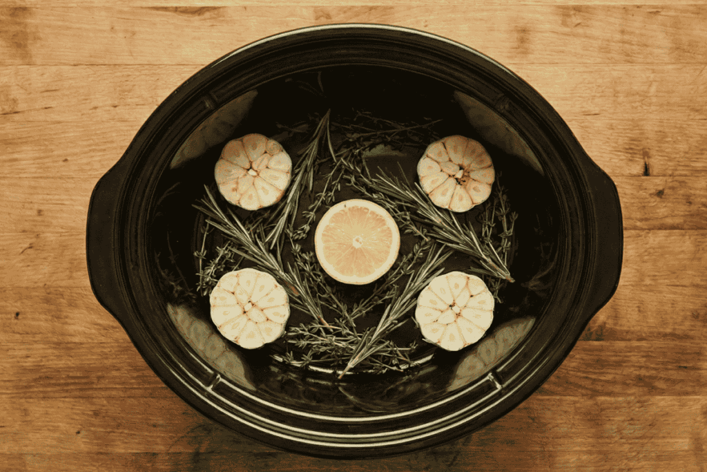 a top down photo of a slow cooker sitting on a wooden bench with garlic heads positioned on each side of the slow cooker to form a natural rack for the turkey, slice of lemon in the middle and herbs on the bottom.