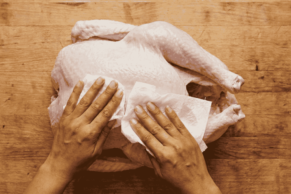 top down view of a raw turkey sitting on a wooden bench being patted down with paper towel to dry it.
