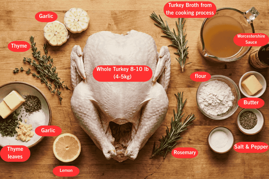 a top down view of a board of ingredients in the center there is a large raw turkey surrounded by sauces, broth, herbs and spices in bowls