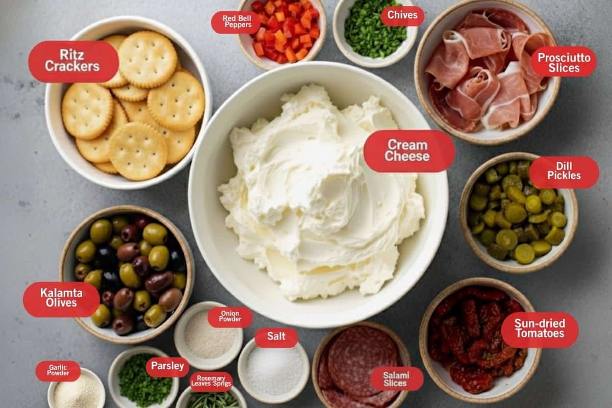 Flat lay photo of ingredient shot of ritz crackers, red bell peppers, chives, prosciutto slices, dill pickles, sun- dried tomatoes, salami, cream cheese, salt, onion powder, rosemary leaves sprigs, parsley, garlic powder, Kalamata olives