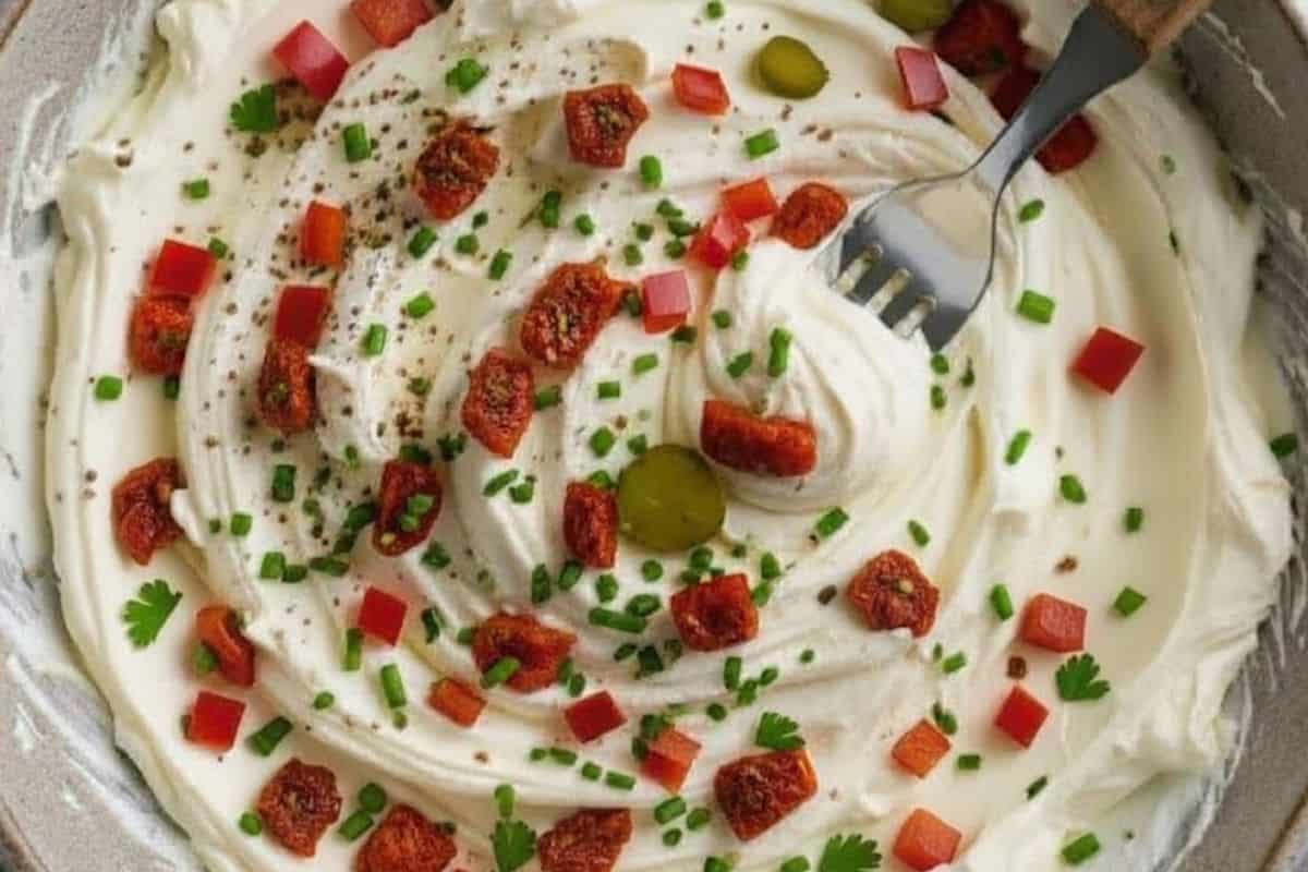 In a large bowl, combine cream cheese, sun-dried tomatoes, red bell peppers, dill pickles, chives, parsley, onion powder, garlic powder, and a pinch of salt. Mix until combined.